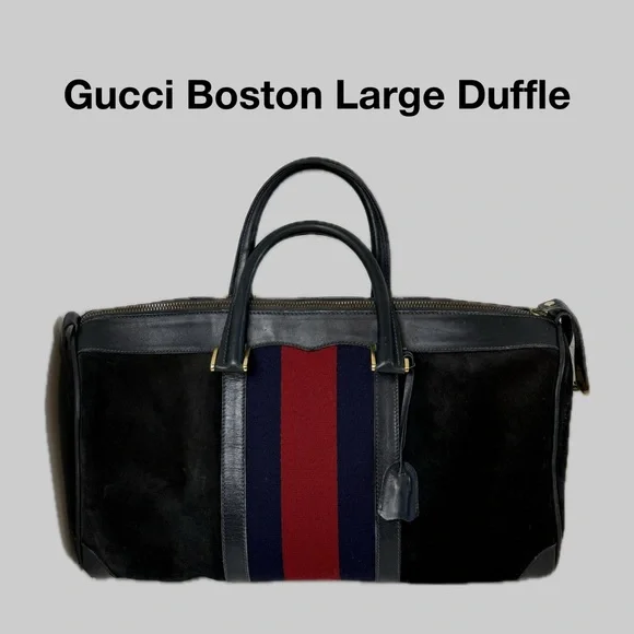 Vintage Gucci Black Suede Boston bag Duffle overnight lock/key COA - Picture 1 of 16